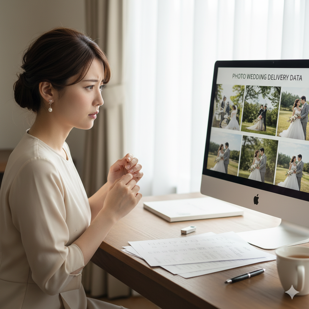 フォトウェディングの納品データを確認して不安そうな表情を浮かべる花嫁