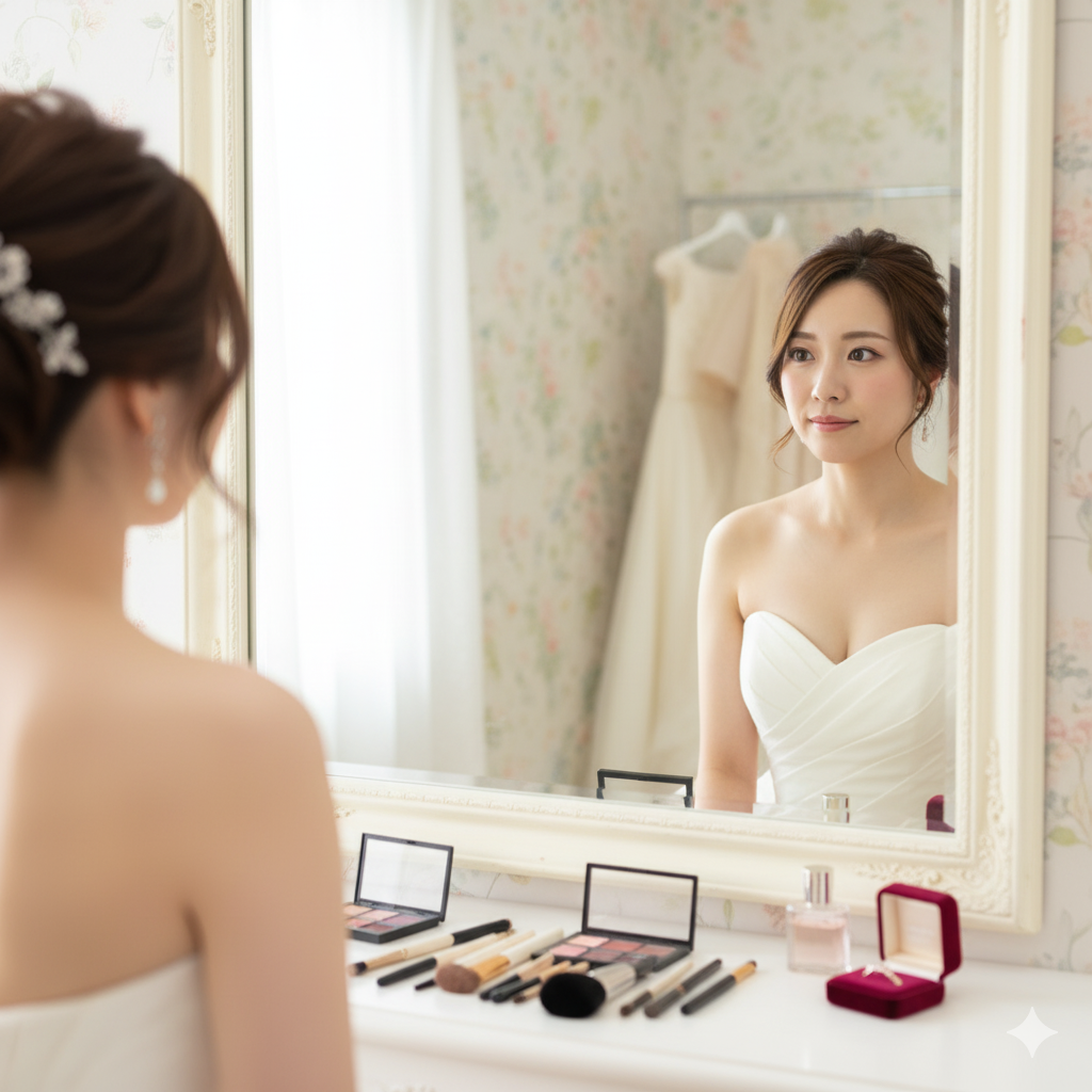 メイクの仕上がりを鏡で見て戸惑う花嫁