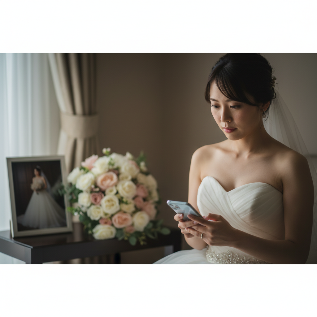 結婚式後にスマートフォンのメッセージを見て、少し寂しそうな表情を浮かべる花嫁