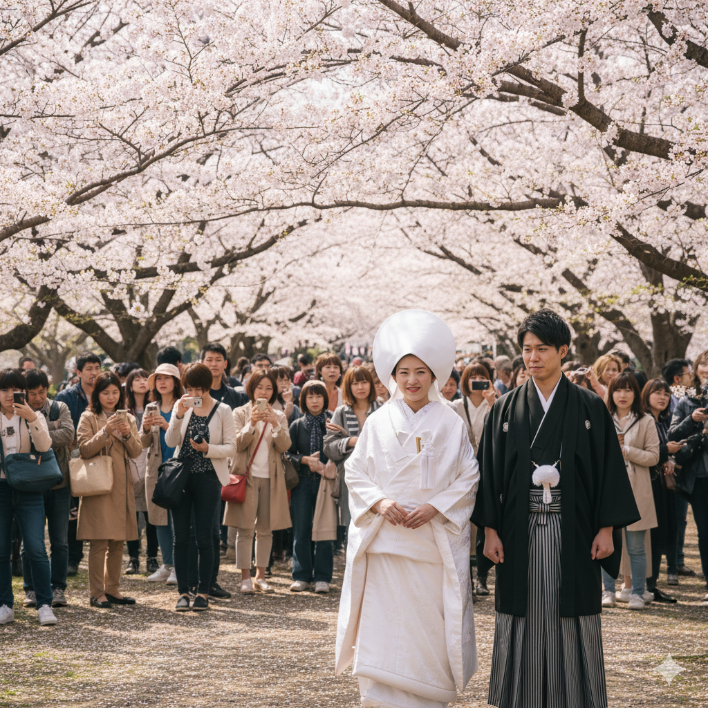 人混みの中で少し緊張しながら撮影する花嫁