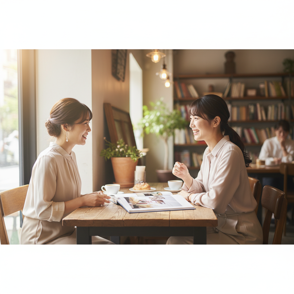 結婚式後に友人とカフェで写真を見ながら笑顔で話す花嫁の様子