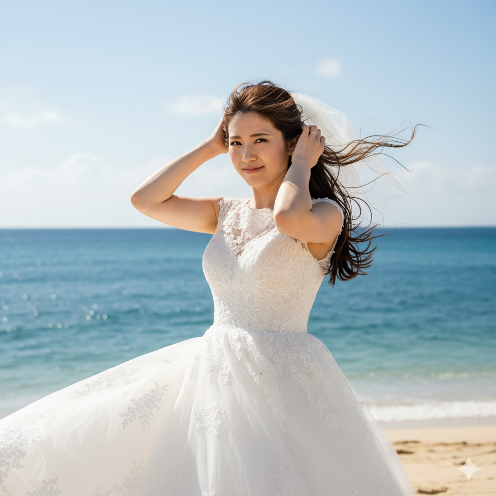 強風で髪とベールを押さえる海辺の花嫁