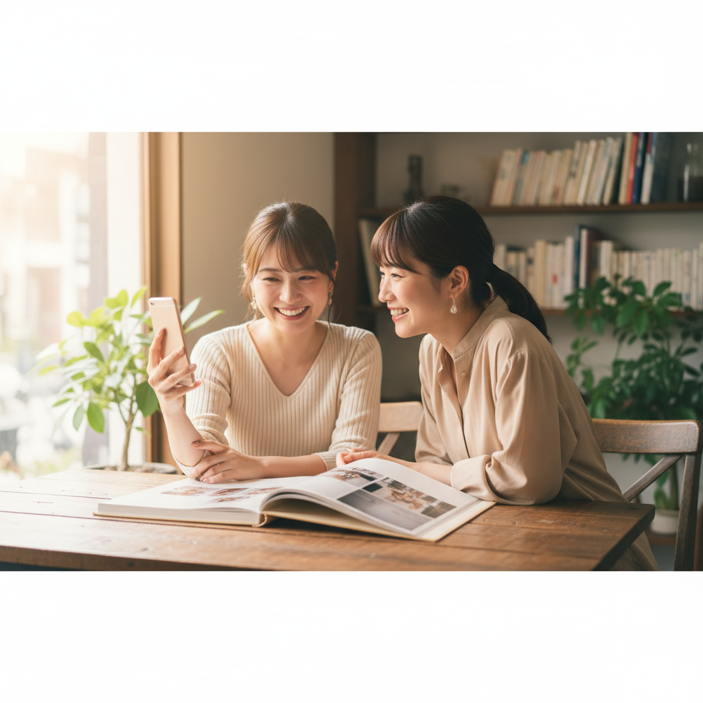 結婚式後に友人へスマートフォンで写真を見せながら笑顔で会話する花嫁の様子