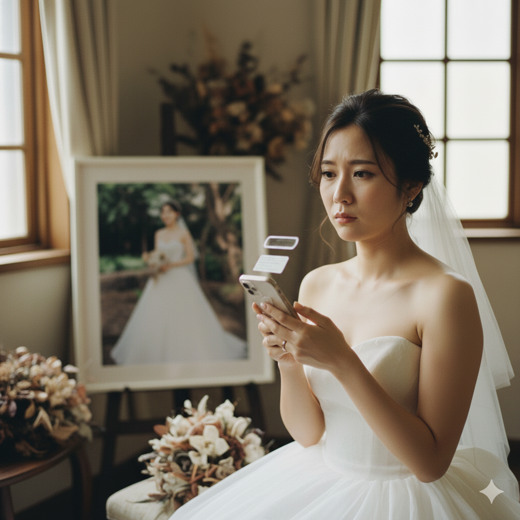 結婚式後にSNSのコメントを見て、不安そうな表情を浮かべる花嫁