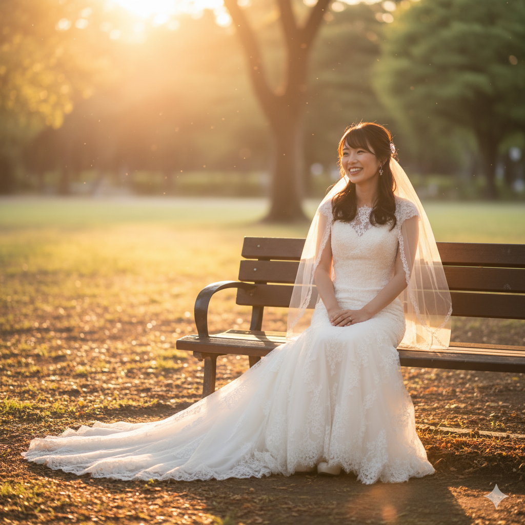 夕暮れの公園でリラックスして笑う花嫁