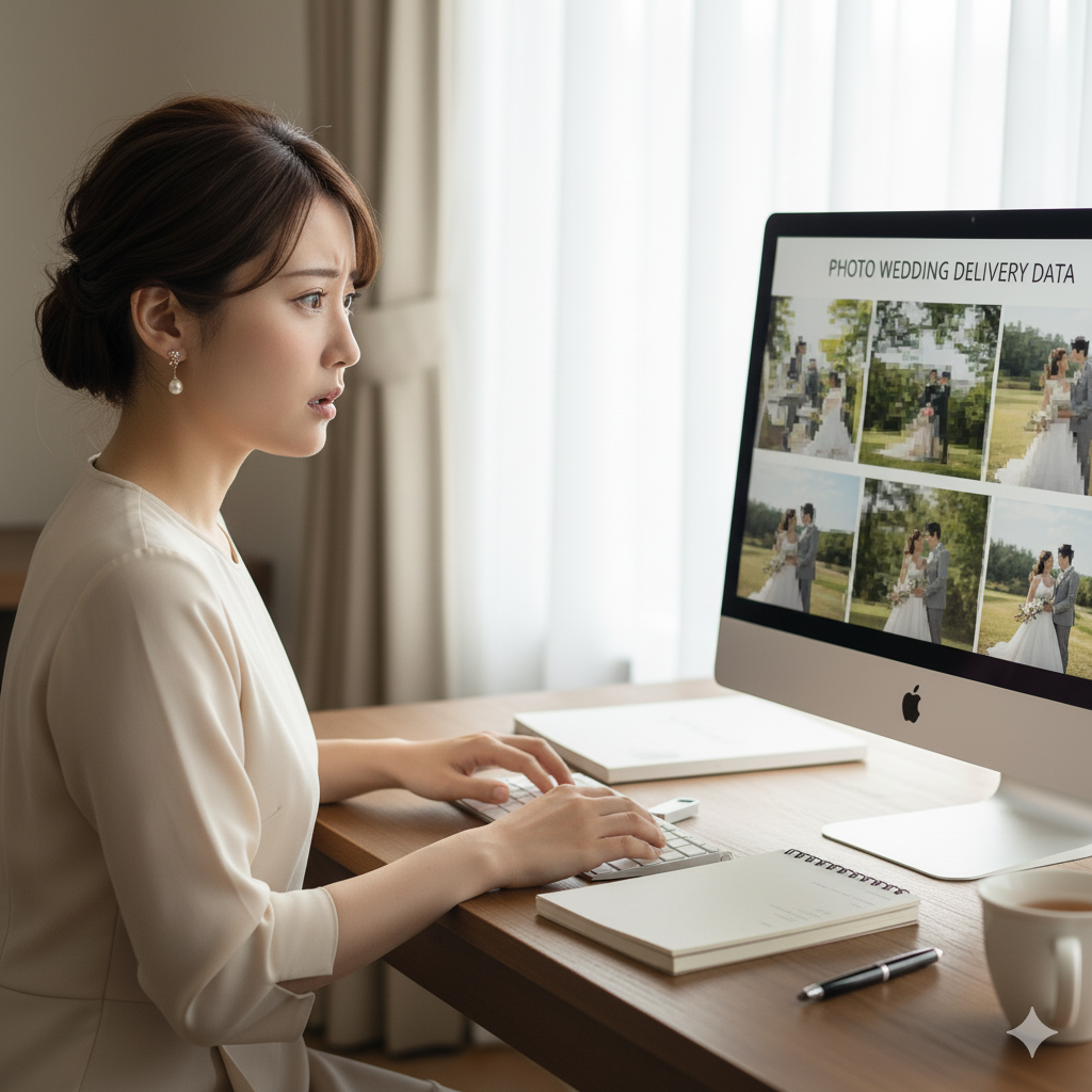 低解像度の写真を見て困惑する花嫁