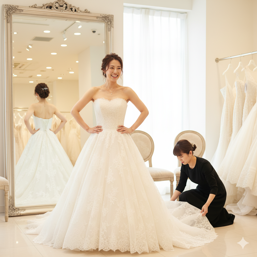 ドレス試着中に鏡の前でポーズを取る花嫁