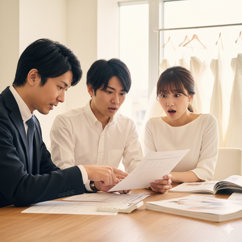ブライダルサロンで見積書を見ながら予想外の金額に驚く新郎新婦の様子