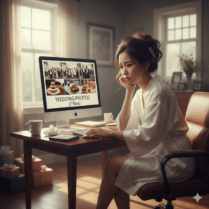 結婚式の写真が少なくてショックを受けている花嫁がパソコン画面を見つめる様子